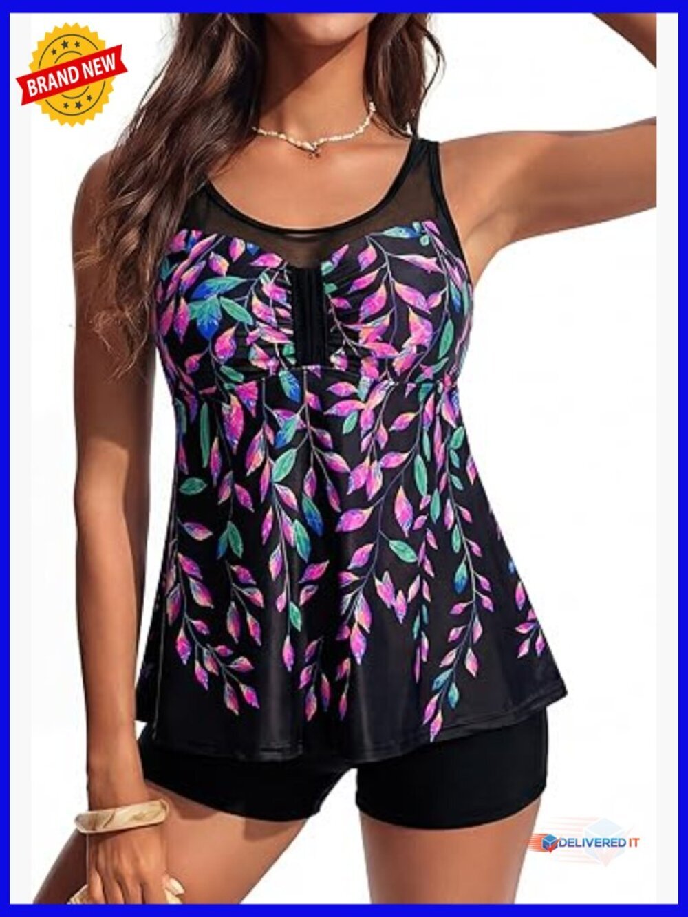 Women's Tankini Swimsuit Two Piece Flowy Mesh Top Boy Shorts